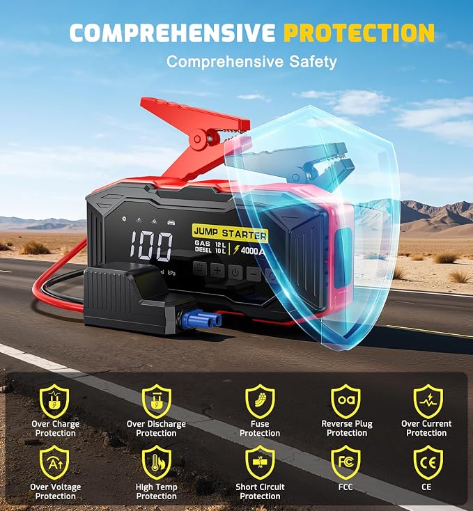Jump Starter with Air Compressor 4000A Portable Car Battery Jump Starter (All Gas/10L Diesel), 160PSI Auto-Shutoff Tire Inflator Air Compressor, SuperSafe 12V Jump Box Car Battery Jumper Booster