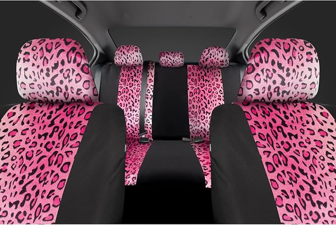 carXS Leopard Print Car Seat Covers Full Set, Includes Matching Seat Belt Pads and Steering Wheel Cover, Two-Tone Cheetah Hot Pink Seat Covers for Women, Car Seat Protector Interior Covers