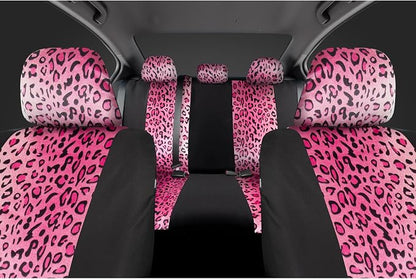carXS Leopard Print Car Seat Covers Full Set, Includes Matching Seat Belt Pads and Steering Wheel Cover, Two-Tone Cheetah Hot Pink Seat Covers for Women, Car Seat Protector Interior Covers