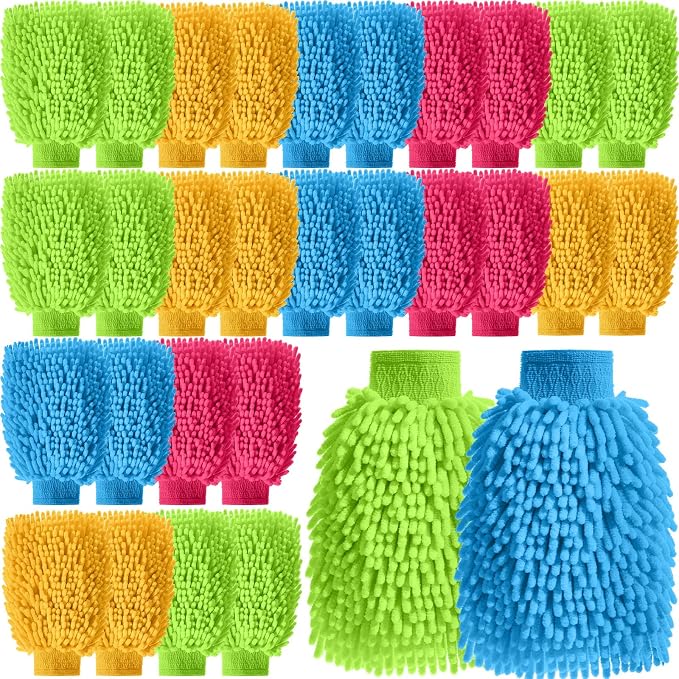 24 Pack Car Wash Mitt Bulk Microfiber, 10'' x 8'' Chenille Car Wash Mitt Gloves, Scratch Free Double Sided No Lint No Marks for Truck SUV and All Vehicle Surfaces (4 Colors)