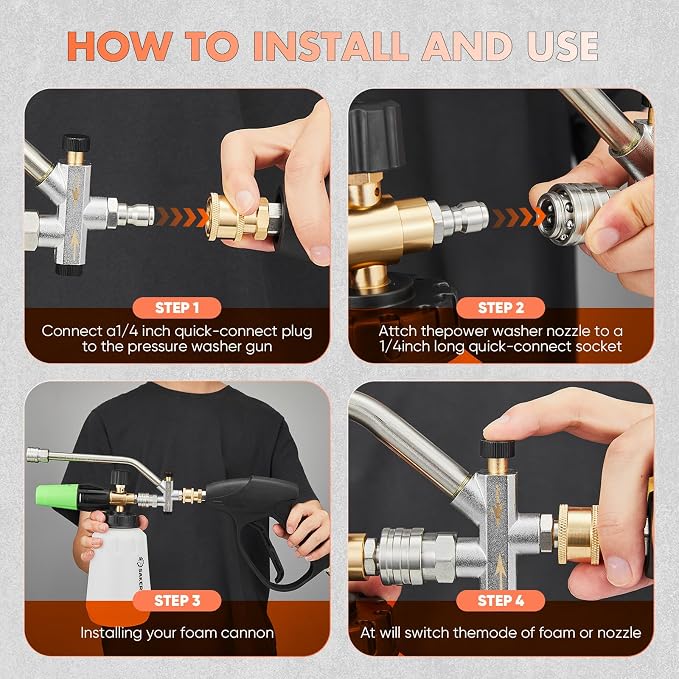 SakerPlus Foam Cannon Dual Connector Accessory,Pressure Washer Gun with Foam Cannon,1/4 Inch Quick Connector with 5 Power Washer Sprayer Nozzles,for Car Washing and Cleaning