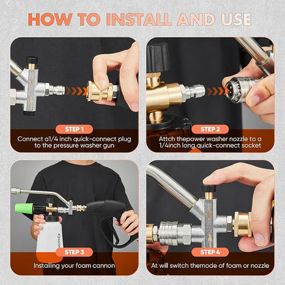 SakerPlus Foam Cannon Dual Connector Accessory,Pressure Washer Gun with Foam Cannon,1/4 Inch Quick Connector with 5 Power Washer Sprayer Nozzles,for Car Washing and Cleaning