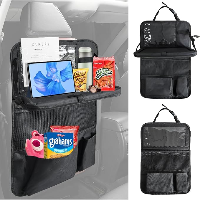 Car Backseat Organizer with Tablet Holder, 9 Storage Pockets with Foldable Food Tray, Kick Mats Back Seat Cover for Kids Road Trip Essentials Travel (1 Pack)