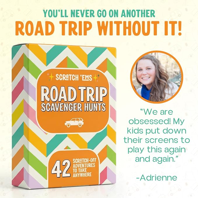 Scratch 'Ems Road Trip Scavenger Hunt Cards with 42 Reusable Scratch Off Travel Games for Kids & Families, Road Trip Essentials for Screen-Free Car Adventures