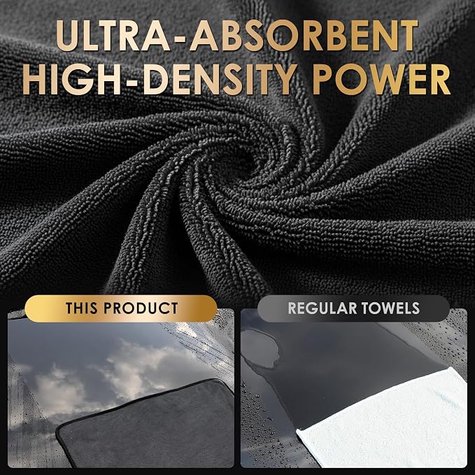 Yours Car Drying Towel, Double-Sided Microfiber Towel for Cars, Ultra Absorbent, Lint-Free, Streak-Free, Reusable, 23.6 x 23.6 in, Black (Large)