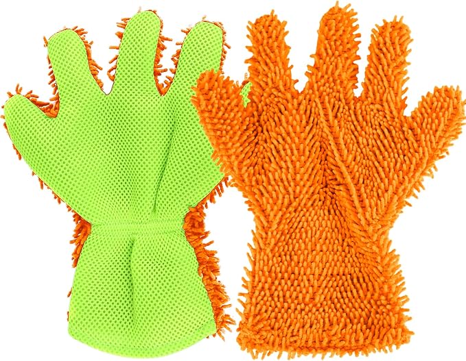 2PCS Car Wash Mitt, 5 Finger Chenille Microfiber Cleaning Mitt for Cars, Scratch-Free Auto Washing Gloves, Car Interior Exterior Cleaning Gloves, Great for Hard-to-Reach Areas (Orange)