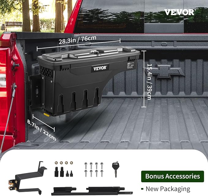 VEVOR Truck Bed Storage Box, Lockable Lid, Waterproof ABS Wheel Well Tool Box 6.6 Gal/20 L, Compatible with Chevrolet Silverado 1500 GMC Sierra 1500 2019-2020, Driver Side, Black