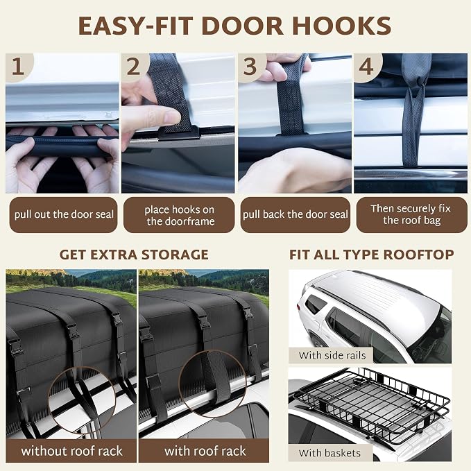 iBirdie Roof Rack Cargo Carrier 15.3 Cubic Feet, Soft-Shell Rooftop Cargo Box, Waterproof Heavy Duty 1200D for Car with/Without Roof Rack, Includes Anti-Slip Mat, Door Hooks, 46x34x17 inches
