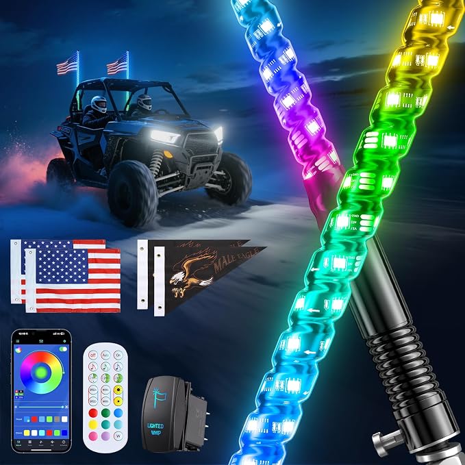 Ehaho 2 PCS 3FT Whip Lights with Spring Base, APP & Remote Control Led Whip Lights for Side by Side, Spiral RGB Chasing Lighted Whips with Rocker Switch, Music Led Whips for UTV ATV RZR SXS Can-Am
