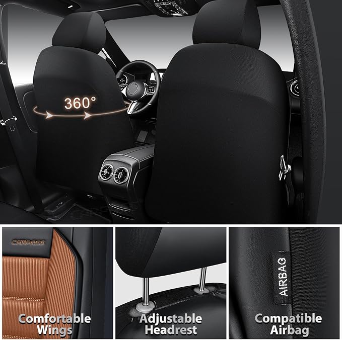 CAR PASS Memory Foam Seat Covers Front, Airy Cool Mesh Thick Car Seat Covers, Leather Car Seat Covers Front Seats Airbag Compatible, Universal Automotive Comfort for Most Cars, Trucks, SUV, Brown