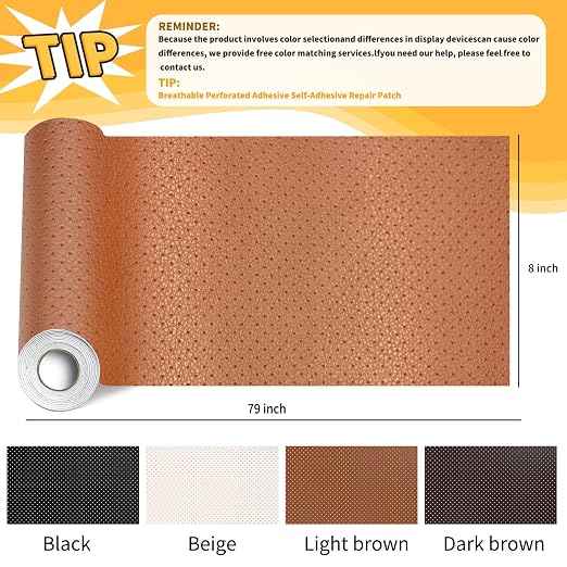 JuCheng Breathable Perforated Self-Adhesive Leather Repair Patch for Furniture, Couches, Car Seats, Office Chairs Faux Leather & Vinyl Repair Kit (Light Brown, 8x79inch)