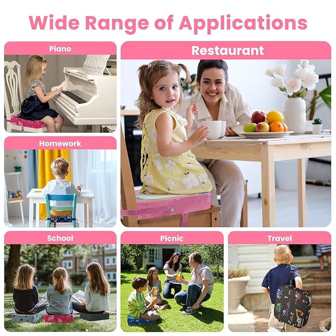 Toddler Booster Seat for Dining Table, 4" Kids Booster Seat for Kitchen Chair with Non-Slip Bottom, Portable Detachable Washable Increasing Cushion with 2 Adjustable Straps (Unicorn)