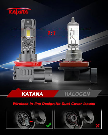 KATANA Upgraded H11 9005 Bulbs, 36000LM 6500K Xenon White Super Bright Mini Size with Cooling Fan, H8 HB3 Canbus Ready Fog Light , Pack of 4