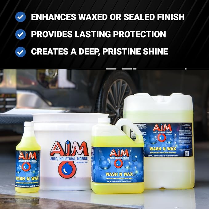 AIM Chemicals Wash N Wax Car Soap - pH neutral for cars, trucks, boats, and RVs. Protects wax and sealants. Use with foam cannon or hand wash. Ideal for detailing and cleaning supplies (AC WW5)