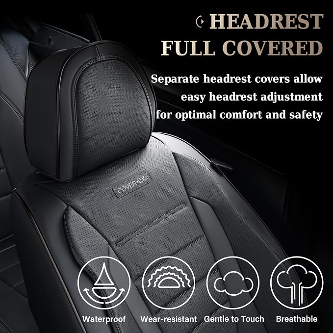 Coverado Seat Covers Full Set, Car Seat Cover Black, Seat Covers for Cars, Car Seat Protector, Nappa Leather Car Seat Cushion, Waterproof Car Seat Covers Front Seats and Back Fit for Most Cars