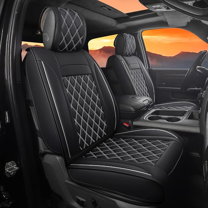 JOJOBAY Car Seat Covers for Dodge Ram,Fit 2009-2025 1500/2500/3500 HD Pick-up Truck,Crew,Regular,Quad,Mega Cab,Waterproof Synthetic Leather Seat Covers(5PCS-Full Set,Black-White)