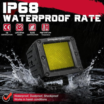 Amber LED Cubes, OFFROADTOWN 3inch 120W CREE LED Pods Yellow Camper Chase Lights Waterproof Backup Reverse Scene Lights for Truck Pickup RV UTV ATV SUV Boat 4x4 Car - Diffusion Beam