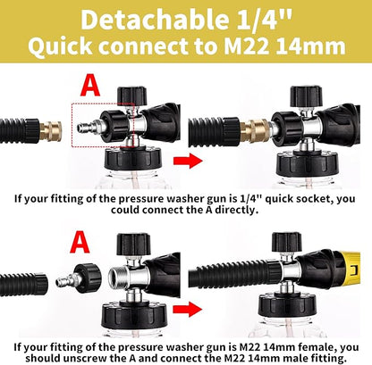 FENG PAI Foam Cannon for Pressure Washer with Dual-connector Accessory, 7 Power Washer Sprayer Nozzles, 1/4" Quick Connect Double Tip Attachment Soap Bottle Sprayer Soap, 3600 PSI (Clear)