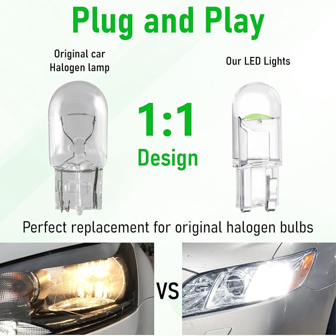 ecocstm 30 PCS Car 194 LED Bulbs, 168 2825 W5W T10 Wedge COB LED Replacement Bulb, Error Free Interior Bulb for Dashboard Light, Dome Lights (Green)