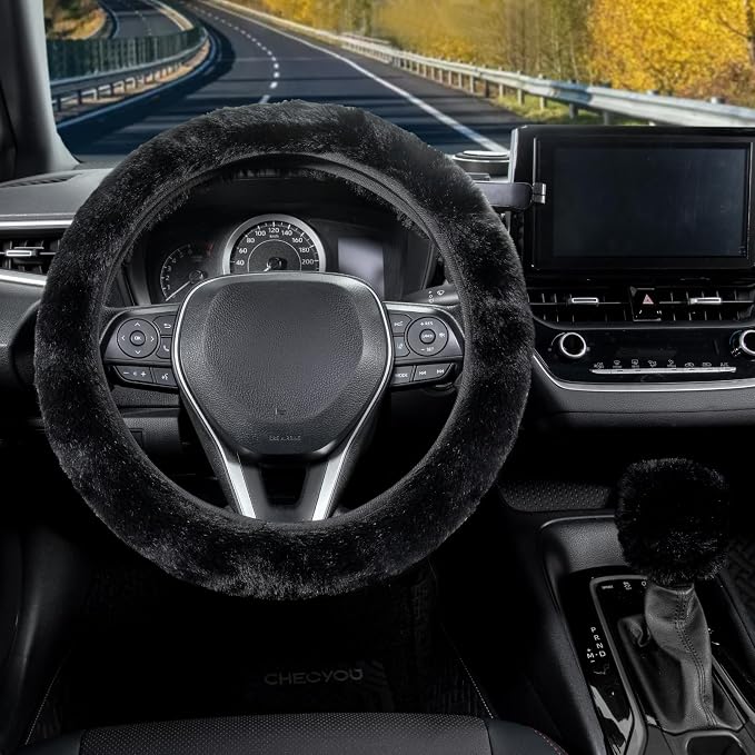 SEG Direct Furry Car Steering Wheel Cover with Fluffy Gear Shift Cover Soft Warm Non-Slip Car Decoration for Men Women Girls 2 PCS Set, Black