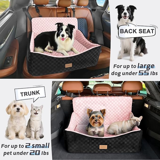 JOEJOY Dog Car Seat for Medium/Large Dogs - Reversible Dual-Sided Travel Dog Car Bed with Memory Foam, Washable Pet Booster Seat for Dogs up to 55 lbs or 2 Small Dogs, 2 Safety Leashes, Pink