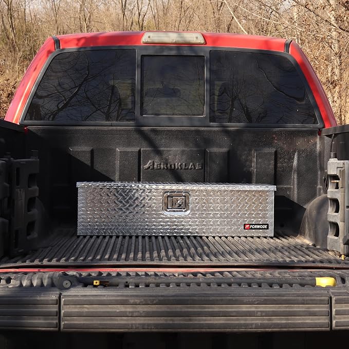 FORWODE 39 Inch Aluminum Truck Tool Box Lockable Truck Bed Tool Box Waterproof Truck Bed Storage Box with Gas Struts & Side Handle Truck Tool Chest for Pickup, Truck Bed, RV, Trailer&Garage (Silver)