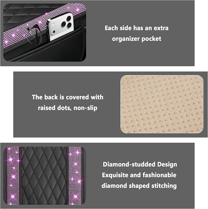 Stacool Upgraded Car Center Console Cover with Rhinestones,Microfiber Leather Car Armrest Cover Cushion with 2 Storage Bags,Universal Cars Armrest Storage Box as Cars Interior Accessories