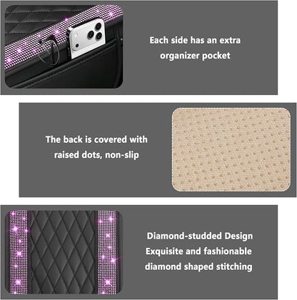 Stacool Upgraded Car Center Console Cover with Rhinestones,Microfiber Leather Car Armrest Cover Cushion with 2 Storage Bags,Universal Cars Armrest Storage Box as Cars Interior Accessories