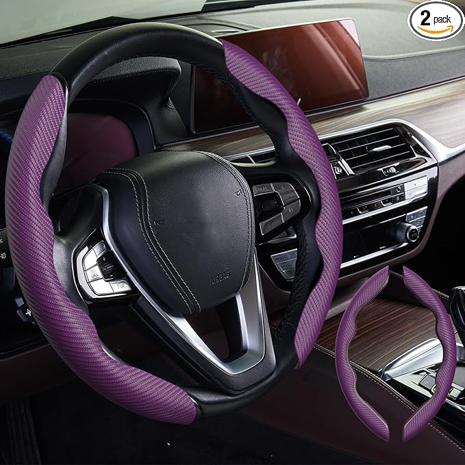 WOCOCN 2pcs Car Steering Wheel Cover,Anti-Skid Carbon Fiber Steering Wheel Protector for Men Women,Multiple Color Options,Universal for Most Car Interiors Accessories (NewPurple)