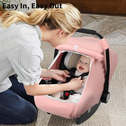 Rquite Car Seat Cover Baby, Carseat Covers Girl Boy, Breathable Muslin Cotton, Large Mesh Window, Infant Car Seat Canopy Baby Carrier Cover Stroller Sun Shade for Summer & Hot Day, Pink