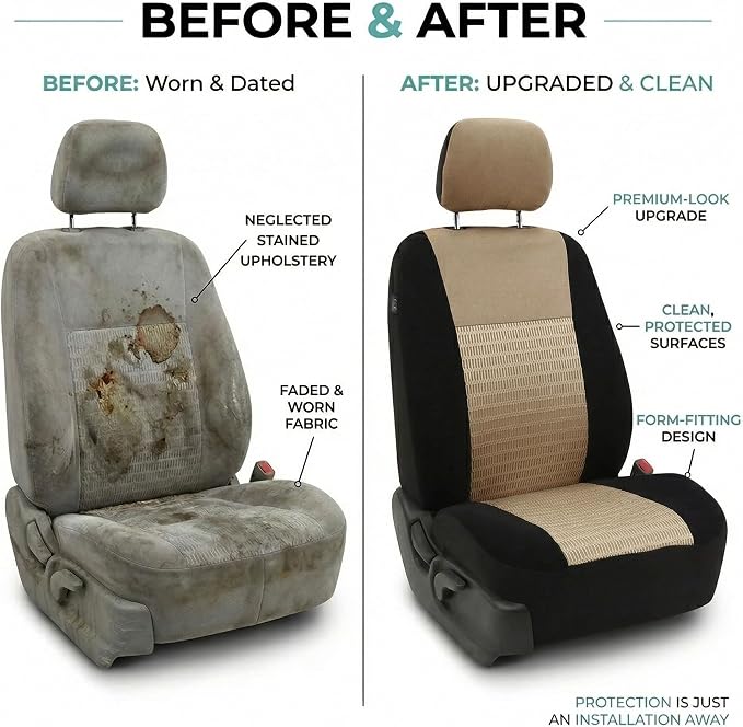 FH Group Universal Car Seat Covers Front Set for SUV Truck Sedan Vans | 3D Textured Breathable Fabric Seat Cover Set Protector with Airbag Compatible Interior Upgrade - Beige
