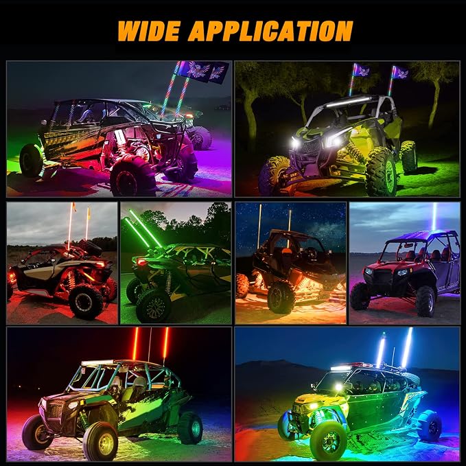 Nilight 2PCS 3FT RGB LED Whip Light and 4 PCS Rock Lights Combo, Remote & App Control w/DIY Chasing Patterns Stop Turn Reverse Safety Antenna Lighted Whips for ATV UTV