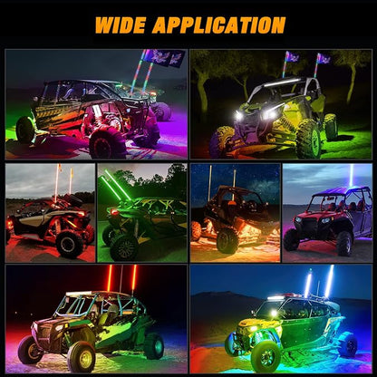 Nilight 2PCS 3FT RGB LED Whip Light and 4 PCS Rock Lights Combo, Remote & App Control w/DIY Chasing Patterns Stop Turn Reverse Safety Antenna Lighted Whips for ATV UTV