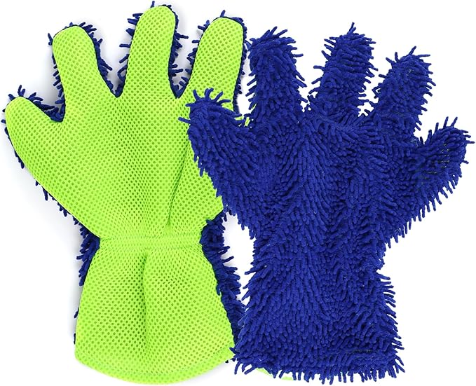 2PCS Car Wash Mitt, 5 Finger Chenille Microfiber Cleaning Mitt for Cars, Scratch-Free Auto Washing Gloves, Car Interior Exterior Cleaning Gloves, Great for Hard-to-Reach Areas (Blue)