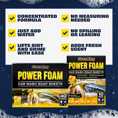 Foam King Car Wash Soap Strip (10ct = 5 Car Washes) - Concentrated Car Cleaning Soap Sheet, No Plastic Bottle - For Foam Cannons Guns, Bucket Wash. Safe for Cars, Trucks, Motorbikes - Citrus Scent