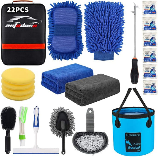 22Pcs Car Wash Cleaning Tools Kit Car Detailing Set with Black Canvas Bag Collapsible Bucket Wash Mitt Sponge Towels Tire Brush Window Scraper Duster Complete Interior Car Care Kit