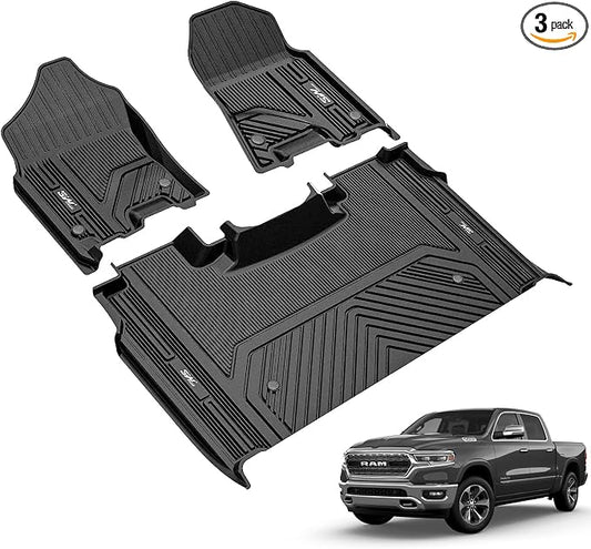 3W Floor Mats Fit for 2019-2024 Dodge Ram 1500 Crew Cab New Body (NOT Classic Models) with Original Storage All Weather TPE Accessories Custom Fit Dodge Ram 1500 Floor Liner Full Set Car Mats