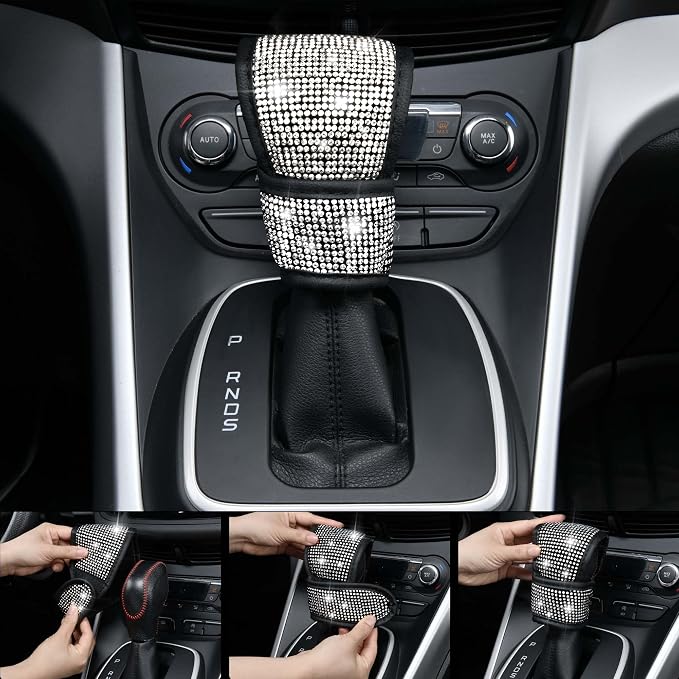 CAR PASS 11 PCS Bling Diamond Car Accessories for Women, Sparkly Rhinestone Steering Wheel Cover, Bling Seat Belt Cushion, Glitter Shift Knob Cover, Car Cup Holder Coaster, Cute Interior Sets Silver