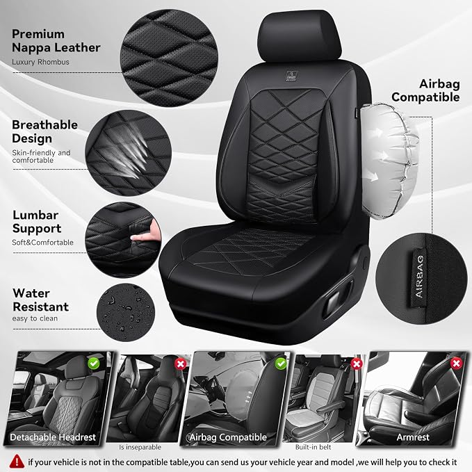 CAR PASS Luxury Nappa Leather Seat Covers Full Set, Water Resistant Faux Leather Seat Covers with Lumbar Support, Comfortable Automotive Seat Covers Universal Fit for SUV Sedan Van Truck, Solid Black