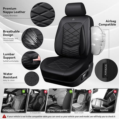 CAR PASS Luxury Nappa Leather Seat Covers Full Set, Water Resistant Faux Leather Seat Covers with Lumbar Support, Comfortable Automotive Seat Covers Universal Fit for SUV Sedan Van Truck, Solid Black