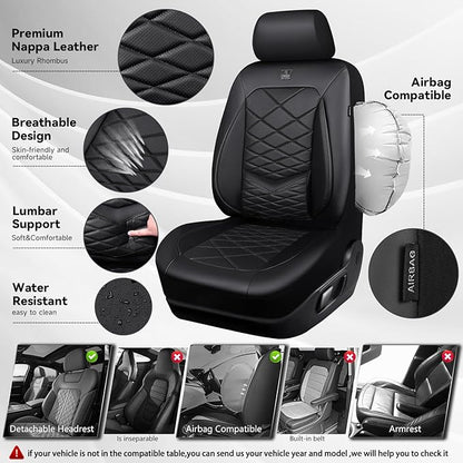 CAR PASS Luxury Nappa Leather Front Seat Covers, Waterproof 3D Foam Seat Covers with Lumbar Support, Breathable Auto Seat Cover Airbag Compatible Universal Fit for Sedan SUV Van Truck, All Black