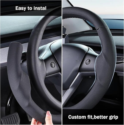 Steering Wheel Cover for 2017-2023 Tesla Model 3 2020-2024 Tesla Model Y, Leather Steering Wheel Cover for Tesla Model 3/Y Accessories, Black