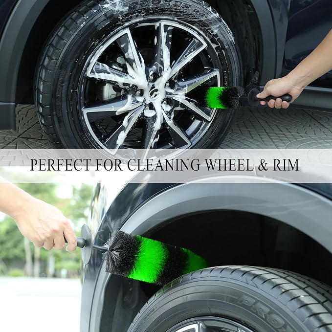 TAKAVU Master Wheel & Tire Brush, Easy Reach Rim Detailing Brush, Multipurpose Use for Wheels, Rims, Exhaust Tips, Motorcycles (Green)