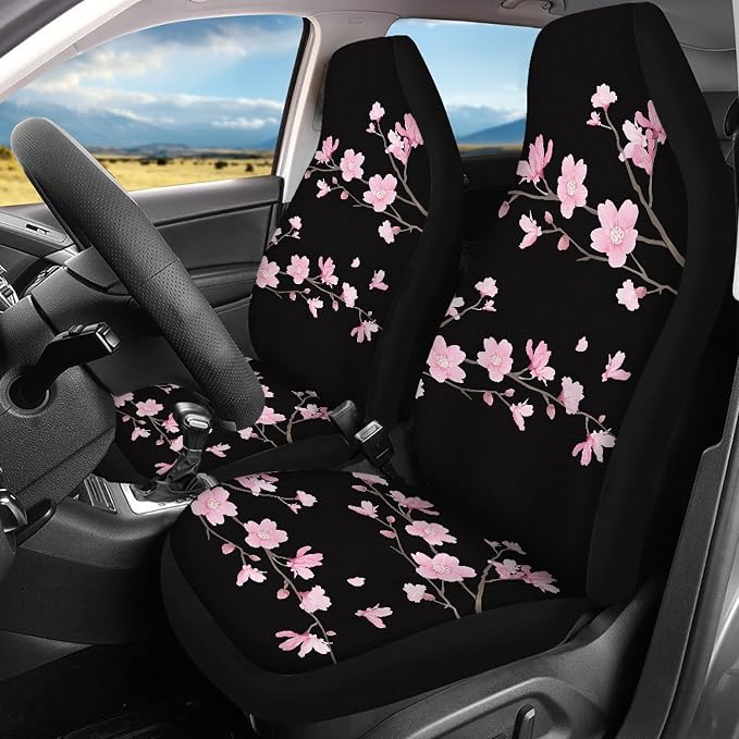 Cherry Blossom Car Seat Covers Full Set,Japanese Pink Flowers Tree Branches with Falling Petals Vehicle Front Rear Bench Cushion Protector Interior Accessories Universal Fit for Trucks Sedans