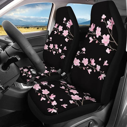 Cherry Blossom Car Seat Covers Full Set,Japanese Pink Flowers Tree Branches with Falling Petals Vehicle Front Rear Bench Cushion Protector Interior Accessories Universal Fit for Trucks Sedans