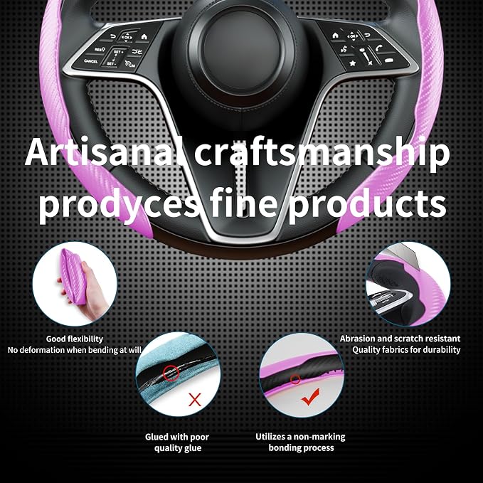 Carbon Fiber Steering Wheel Cover, 2-Piece Set Anti-Skid Comfortable Grip Segmented Butterfly Design, Easy Snap-On Installation Universal Fit 99% Cars, Pink