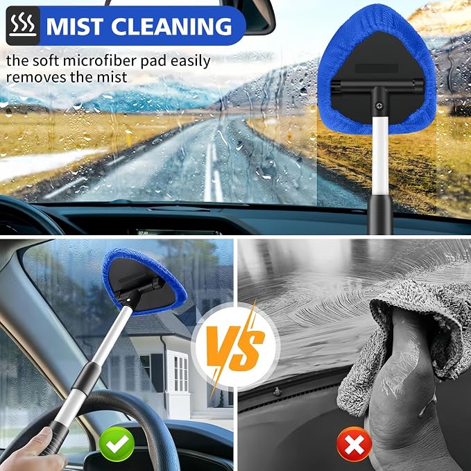 Windshield Cleaning Tool, Extendable Handle Car Window Cleaner with 5 Reusable and Washable Microfiber Pads, Auto Glass Wiper Kit for Interior & Exterior, Ideal for Dirty Car Windows (Grey)