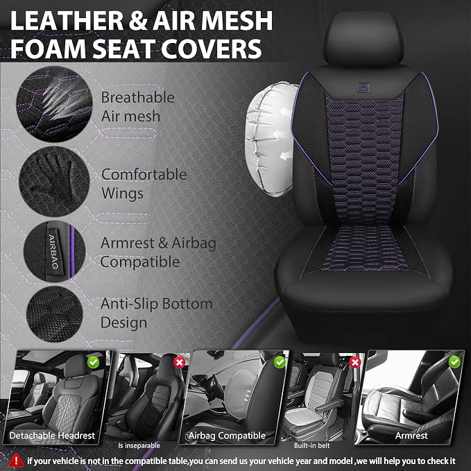CAR PASS 3D Foam Mesh Leather Car Seat Covers Front Seats,Breathable Mesh Front Seat Covers for Women,Universal Fit for Cars SUV Truck Sedan Van Automotive,Armrest Airbag Compatible,Black and Purple