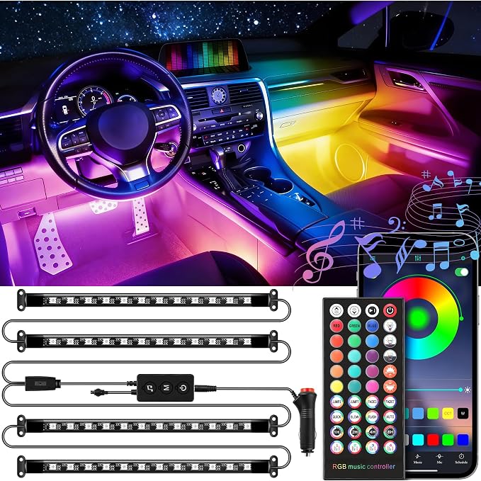 LivTee Smart Car Interior LED Lights, RGB Ambient Strip Lights with App, Remote & Controller Buttons, DIY & Music Sync Modes, 2-Line Design, Gift-Ready Car Accessories for Women & Teens