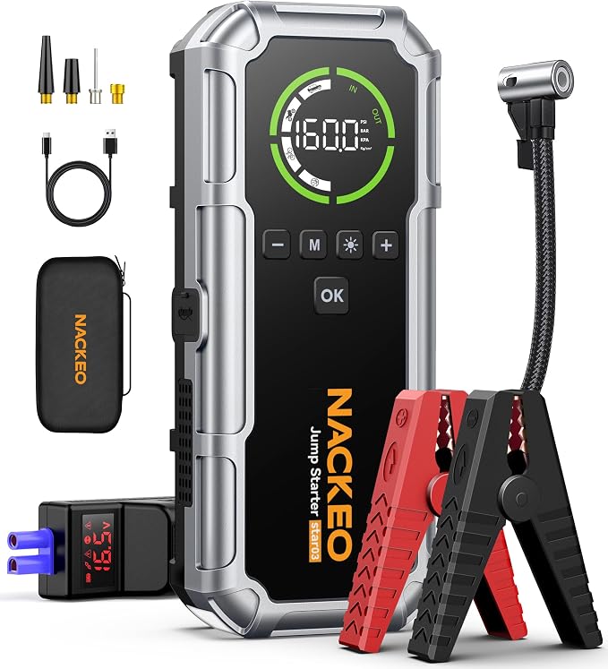 Car Battery Jump Starter with Air Compressor 8000A 160PSI, Car Jumper Starter Portable (All Gas/10L Diesel), Jump Starter Jump Box with Jumper Cables, LED Light, Large LCD Display, Power Bank
